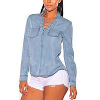 Women\'s Going out Casual/Daily Sexy Street chic Criss-Cross Classic Split Denim All Match Spring Fall T-shirtSolid V Neck Long Sleeve Medium