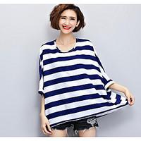 Women\'s Beach Street chic T-shirt, Striped Color Block Round Neck ½ Length Sleeve Others