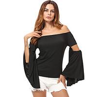 womens beach sexy summer fall t shirt solid boat neck long sleeve cott ...