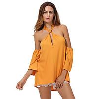 Women\'s Going out Casual/Daily Beach Sexy Summer Fall Blouse, Solid Halter ½ Length Sleeve Polyester Medium