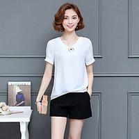 Women\'s Going out Casual/Daily Simple Summer Blouse, Solid V Neck Short Sleeve Polyester Medium