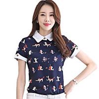 Women\'s Lace Work Print Shirt Collar Short Sleeve Summer OL Chiffon Shirt