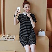 Women\'s Plus Size Casual/Daily Vintage Simple Summer T-shirt, Striped Shirt Collar Short Sleeve Cotton Polyester Thin