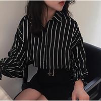 womens going out street chic shirt striped color block shirt collar lo ...