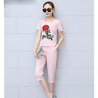 womens casualdaily simple summer blouse pant suits print round neck cr ...