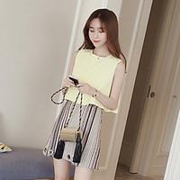 Women\'s Casual/Daily Simple Summer Blouse Skirt Suits, Striped Rainbow Round Neck Sleeveless