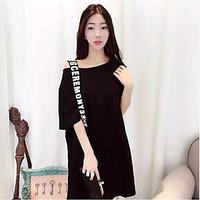 Women\'s Going out Casual/Daily Simple T Shirt Dress, Solid Letter Asymmetrical Knee-length ½ Length Sleeve Cotton Summer Mid Rise