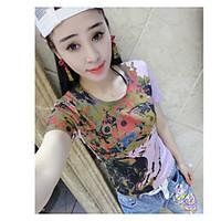 Women\'s Casual/Daily Simple Summer T-shirt, Rainbow Round Neck Short Sleeve Cotton Medium