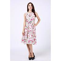 Women\'s Going out Sophisticated Sheath Dress, Floral Round Neck Knee-length Sleeveless Polyester Summer Mid Rise Micro-elastic Medium