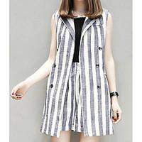 Women\'s Casual/Daily Vintage T-shirt Pant Suits, Striped Shirt Collar Sleeveless Micro-elastic