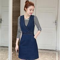 Women\'s Going out Casual/Daily Club Vintage Cute Street chic Shirt Skirt Suits, Striped Round Neck Long Sleeve Denim