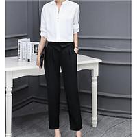 Women\'s Casual/Daily Sexy Spring Summer Shirt Pant Suits, Solid Shirt Collar Long Sleeve Micro-elastic