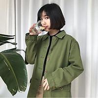 Women\'s Going out Casual/Daily Vintage Street chic Spring Fall Jacket, Solid Shirt Collar Long Sleeve Regular Linen