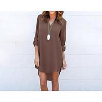 Women Casual/Daily Vintage T Shirt Dress, Solid Deep V Above Knee ¾ Sleeve Silk Cotton Spring Summer Mid Rise Micro-elastic Medium