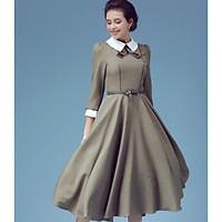 Women\'s Casual/Daily Simple Loose Dress, Solid Shirt Collar Midi ¾ Sleeve Rayon Spring Mid Rise Inelastic Thin