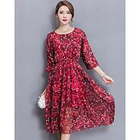 Women\'s Going out Beach Holiday Cute Swing Dress, Print Round Neck Midi ¾ Sleeve Chiffon Spring Summer High Rise Inelastic Medium