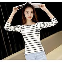 Women\'s Casual/Daily Simple Fall T-shirt, Striped Round Neck Long Sleeve Cotton Medium