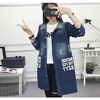 Women\'s Casual/Daily Active Spring Denim Jacket, Letter Stand Long Sleeve Long Cotton