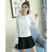 Women\'s Casual/Daily Cute Summer Shirt Skirt Suits, Solid Round Neck Long Sleeve Lace Micro-elastic