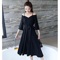 Women\'s Going out Casual/Daily Simple Chiffon Dress, Solid V Neck Knee-length ¾ Sleeve Linen Spring Summer Mid Rise Inelastic Medium
