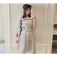 Women\'s Going out Simple Sheath Dress, Striped Round Neck Above Knee ½ Length Sleeve Cotton Summer Mid Rise Micro-elastic Medium