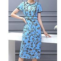 Women\'s Going out Tunic Dress, Solid Floral Round Neck Midi Short Sleeve Polyester Summer Mid Rise Micro-elastic Medium