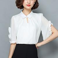Women\'s Plus Size Going out Work Street chic Summer Fashion Loose Blouse Solid Patchwork Ruffle Peter Pan Collar Short Sleeve Polyester