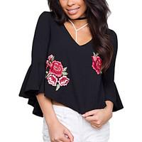 Women\'s Going out Casual/Daily Vintage Street chic Embroidery Loose All Match Backless Spring Fall T-shirtFloral V Neck Length Sleeve Medium