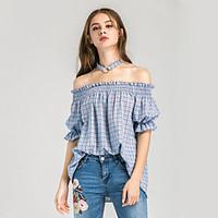 Women\'s Casual/Daily Street chic Summer Shirt, Houndstooth Boat Neck Short Sleeve Cotton Medium