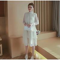 Women\'s Casual/Daily Simple Lace Dress, Solid Round Neck Knee-length Long Sleeve Rayon Summer Mid Rise Micro-elastic Medium
