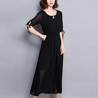 Women\'s Plus Size Casual/Daily Simple Swing Dress, Solid Round Neck Midi ½ Length Sleeve Polyester Summer Mid Rise Inelastic Thin