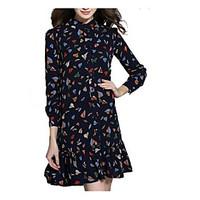 Women\'s Casual/Daily Loose Dress, Print Round Neck Knee-length Long Sleeve Rayon Summer Mid Rise Micro-elastic Medium