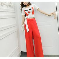 Women\'s Going out Casual/Daily Simple Street chic T-shirt Pant Suits, Print Round Neck Micro-elastic