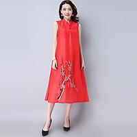 Women\'s Casual/Daily Vintage Simple Loose Dress, Embroidered Stand Midi Short Sleeve Polyester Summer High Rise Inelastic Thin