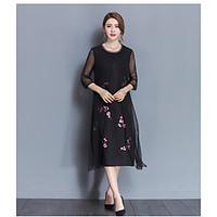 womens casualdaily simple loose dress embroidered round neck knee leng ...