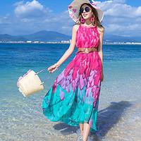 Women\'s Beach Holiday Loose Swing Dress, Print Halter Midi Sleeveless Polyester Summer Mid Rise Micro-elastic Thin