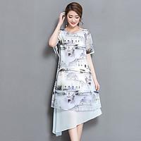 Women\'s Going out Casual/Daily Loose Dress, Print Round Neck Midi Short Sleeve Cotton Summer Fall Mid Rise Inelastic Medium