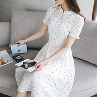 Women\'s Going out Casual/Daily Simple Sheath Dress, Polka Dot Round Neck Midi Short Sleeve Silk Cotton Summer Mid Rise Micro-elastic Medium