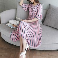 Women\'s Casual/Daily Sheath Dress, Striped Round Neck Midi Short Sleeve Silk Cotton Summer Fall Low Rise Micro-elastic Medium