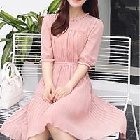Women\'s Going out Casual/Daily Simple Sheath Dress, Solid Round Neck Midi ½ Length Sleeve Silk Cotton Summer Fall Low Rise Inelastic Medium