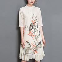 Women\'s Casual/Daily Sheath Dress, Print Round Neck Knee-length Short Sleeve Cotton Summer Low Rise Inelastic Medium