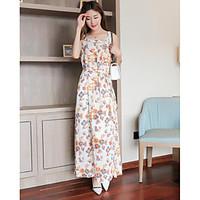 Women\'s Going out Casual/Daily Simple Sheath Dress, Floral Strap Maxi Sleeveless Polyester Summer High Rise Micro-elastic Thin