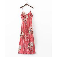 Women\'s Casual/Daily Simple Sheath Dress, Floral Strap Midi Sleeveless Polyester Summer High Rise Micro-elastic Thin