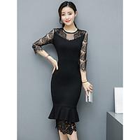 Women\'s Casual/Daily Simple Lace Dress, Solid Round Neck Midi ¾ Sleeve Polyester Summer High Rise Micro-elastic Thin