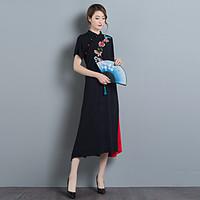 Women\'s Casual/Daily Vintage Simple Sheath Dress, Embroidered Stand Midi Short Sleeve Polyester Spring Summer Mid Rise Micro-elastic Thin