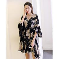 womens club loose dress print v neck knee length long sleeve cotton su ...