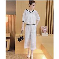 Women\'s Work Cute Summer Blouse Pant Suits, Solid V Neck ½ Length Sleeve