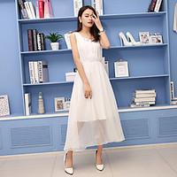 Women\'s Casual/Daily Loose Dress, Solid Round Neck Midi Sleeveless Chiffon Summer Mid Rise Inelastic Medium