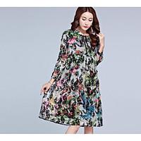Women\'s Casual/Daily Loose Dress, Floral Round Neck Knee-length ¾ Sleeve Polyester Summer Mid Rise Micro-elastic Medium