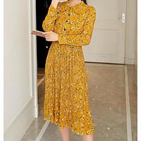 Women\'s Casual/Daily Loose Dress, Floral Round Neck Midi Long Sleeve Polyester Summer Mid Rise Micro-elastic Medium